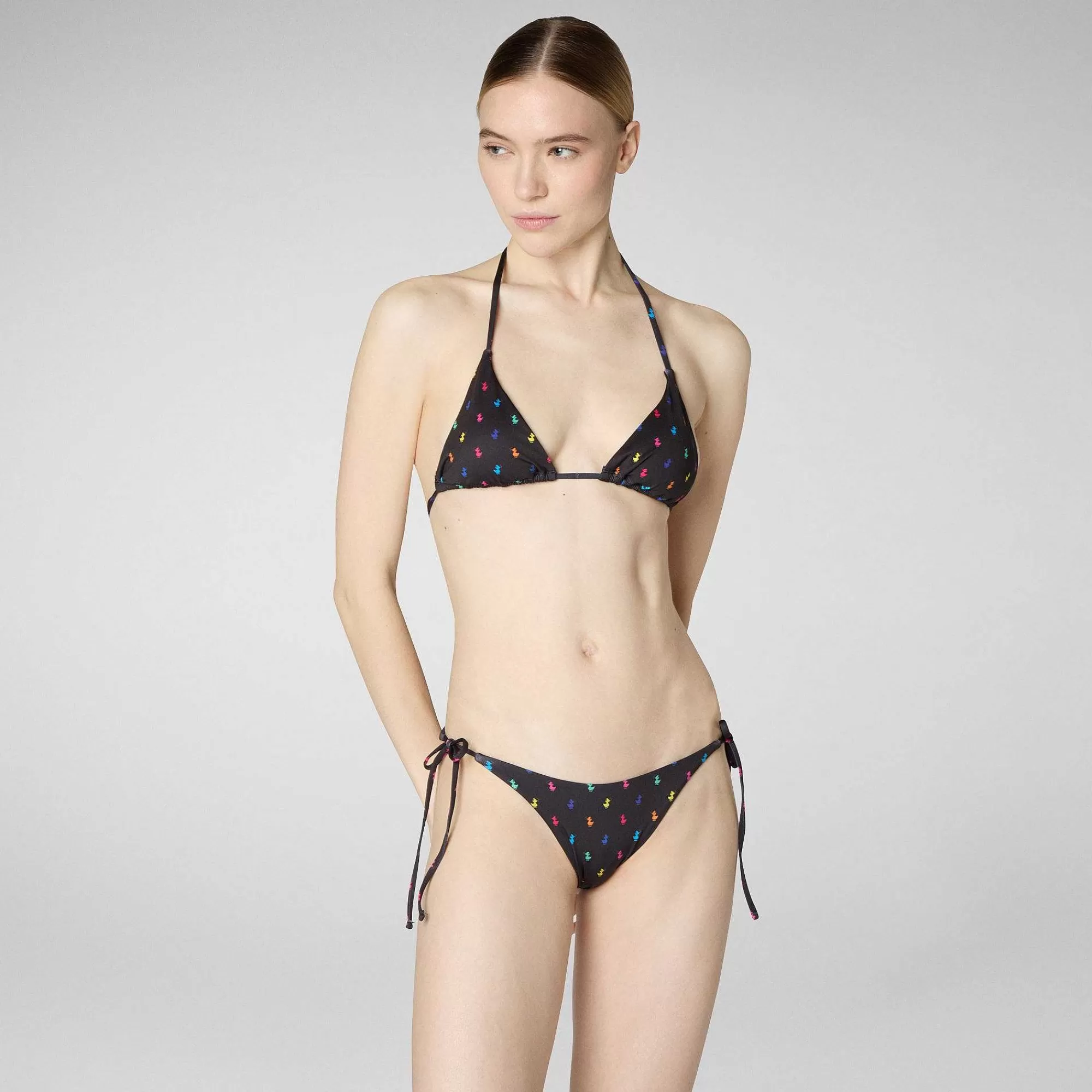 Costumi Da Bagno^Save The Duck Top Bikini Triangolo Donna Xara Stampa Rainbow Ducks Su Fondo Nero